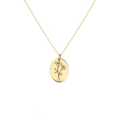 solid yellow gold oval pendant necklace engraved with the birth flower of September Morning Glory