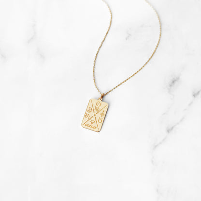 14k yellow gold octagon pendant necklace personalized with natal chart zodiac signs of the sun the moon and ascendant, a birth date and an alchemy element