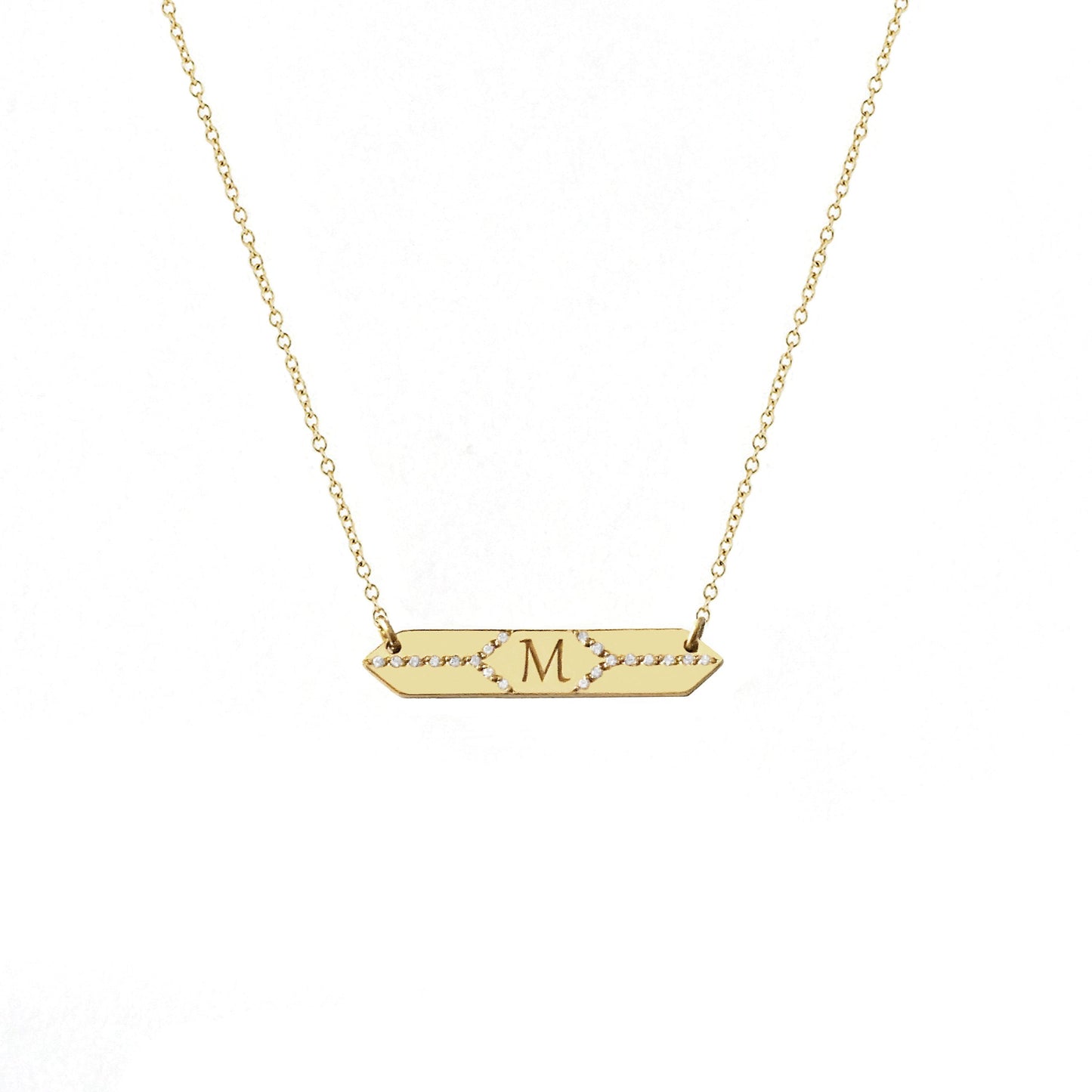 solid yellow gold hexagon bar necklace set with white diamonds and engraved with a custom initial/monogram in the center