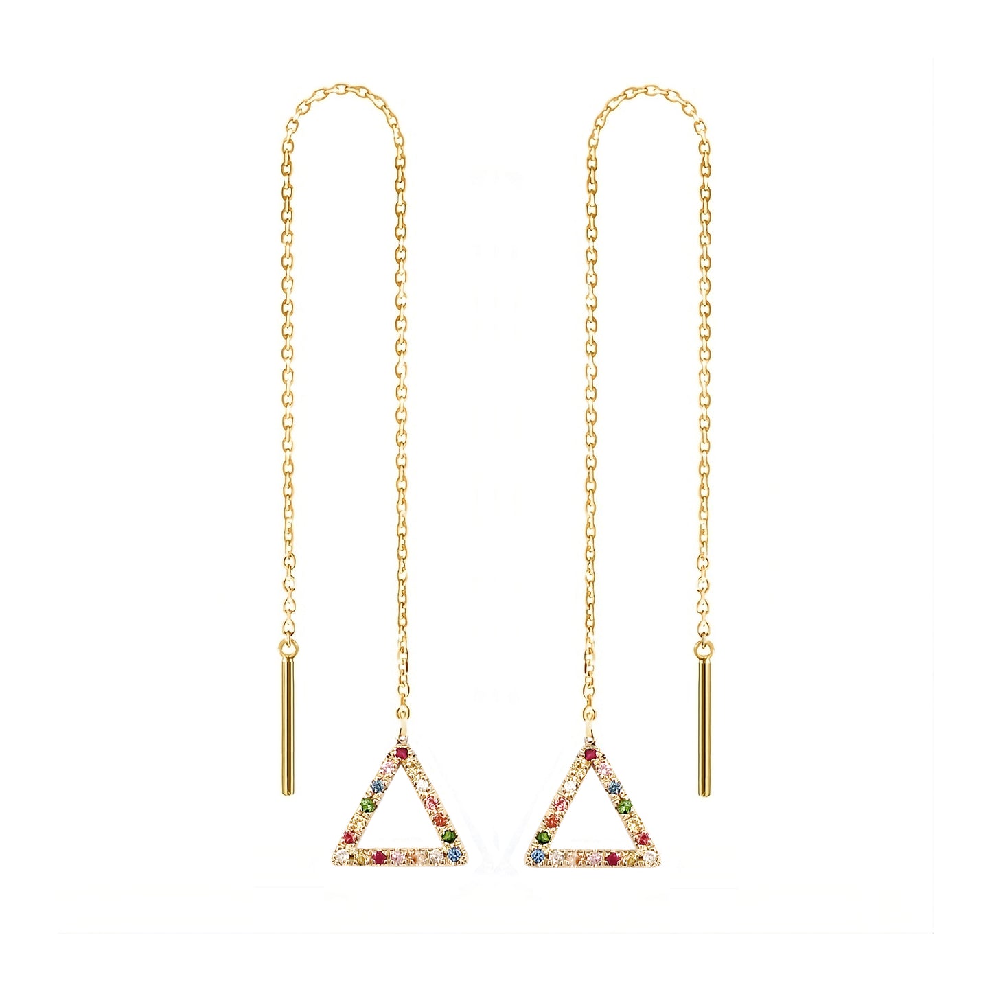 a pair of solid yellow gold threader earrings with a small triangle at the end set with rainbow sapphires