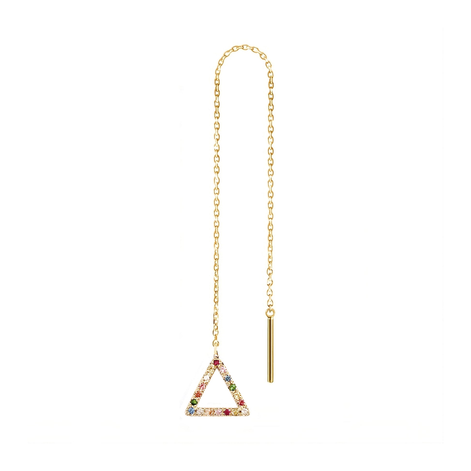 solid yellow gold single threader earring with a small triangle at the end set with rainbow sapphires