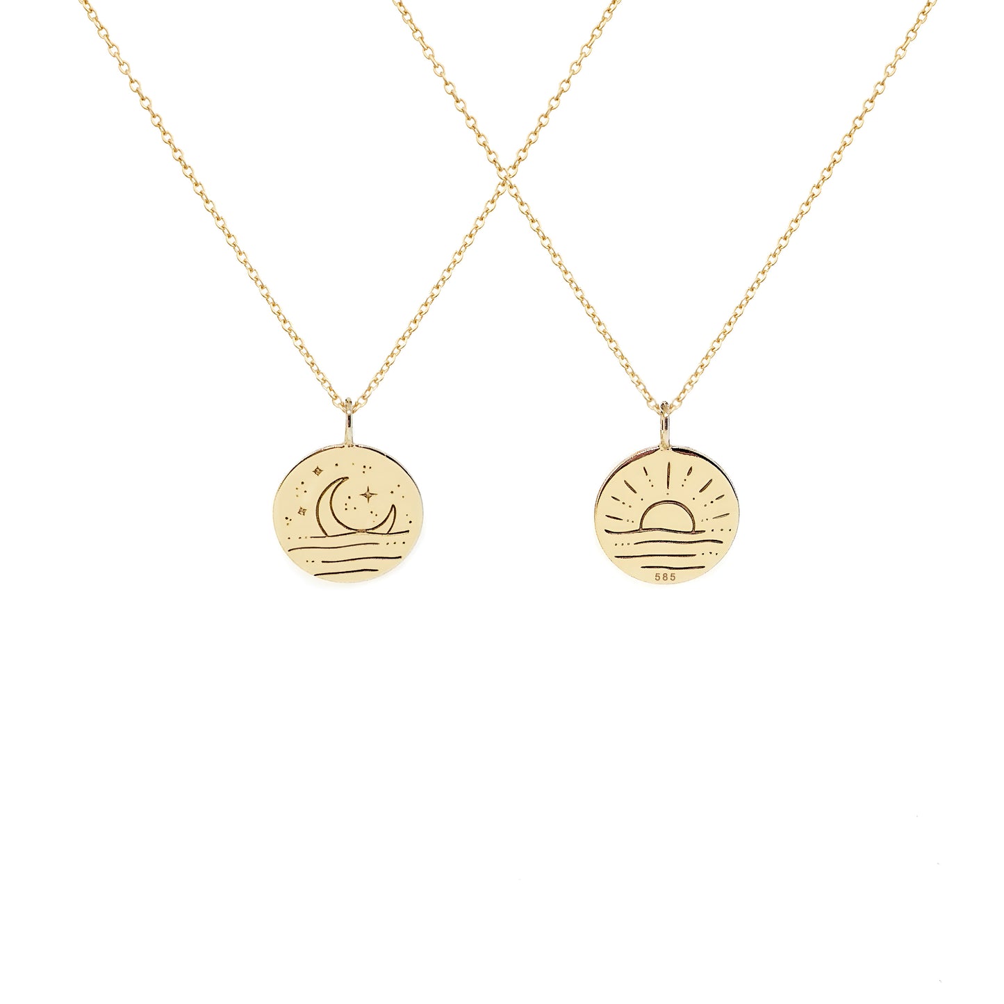 solid yellow gold necklace with reversible pendant engraved with a moon on one side and a sun on the other side 
