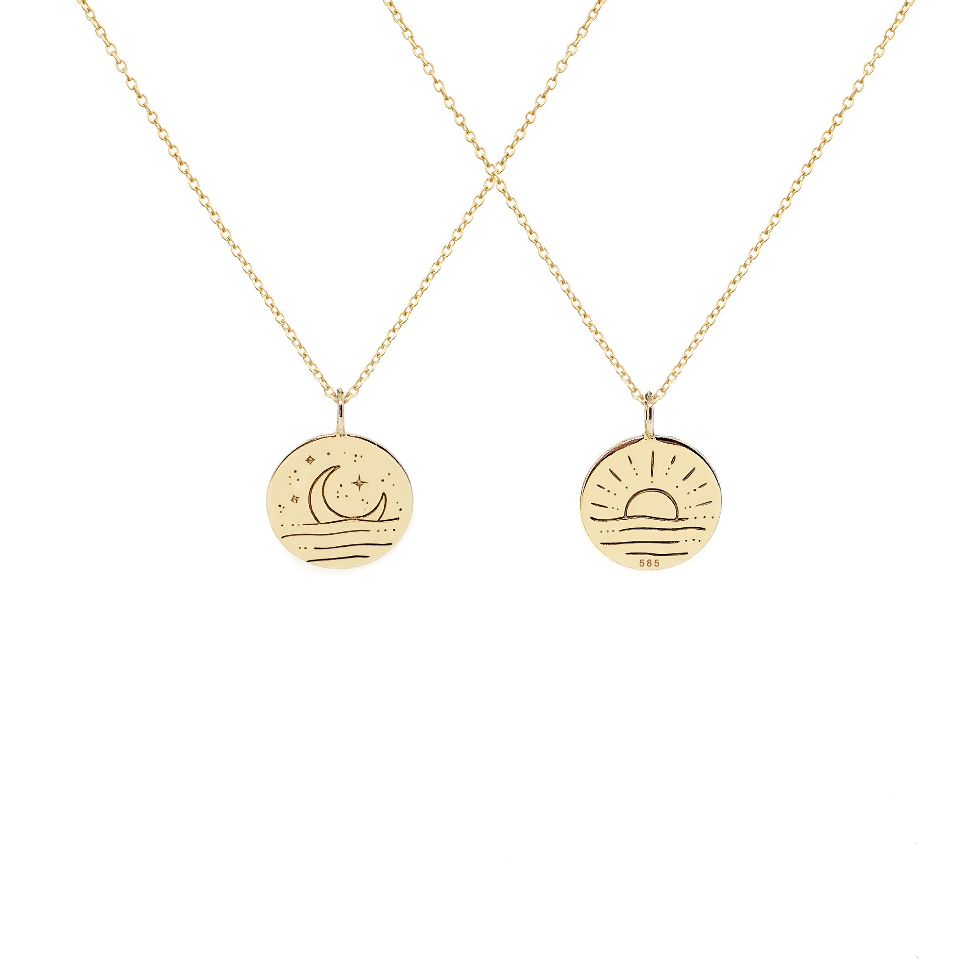 solid yellow gold necklace with reversible pendant engraved with a moon on one side and a sun on the other side 