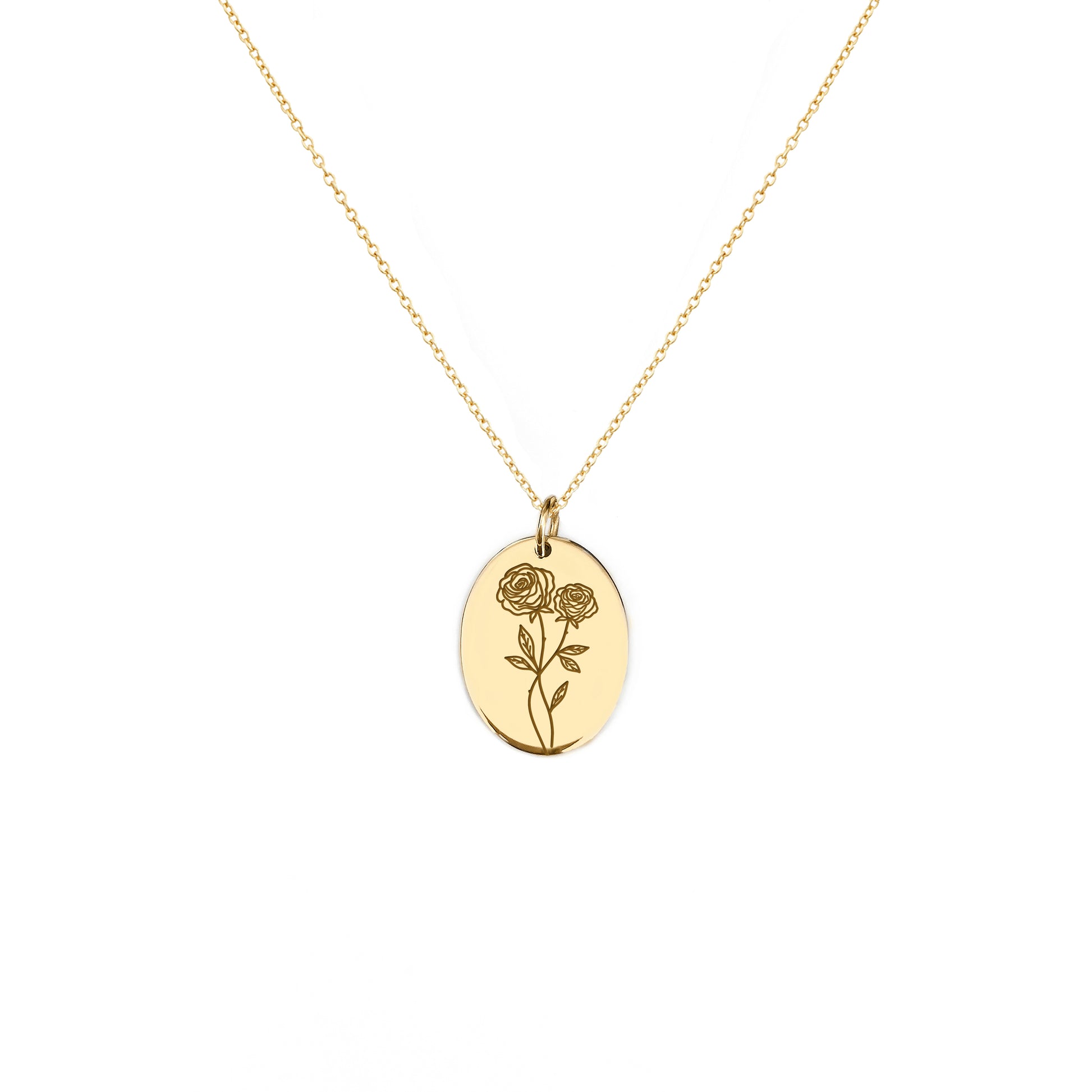 solid yellow gold oval pendant necklace engraved with a Rose the birth flower of June
