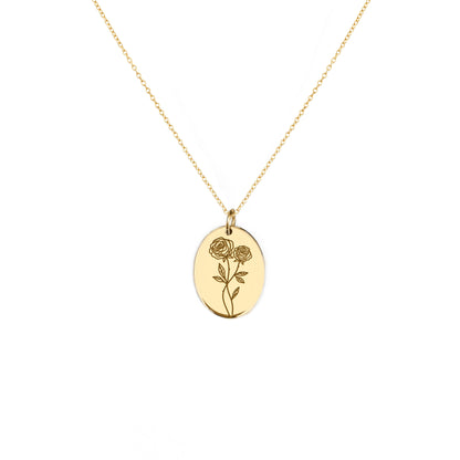 solid yellow gold oval pendant necklace engraved with a Rose the birth flower of June