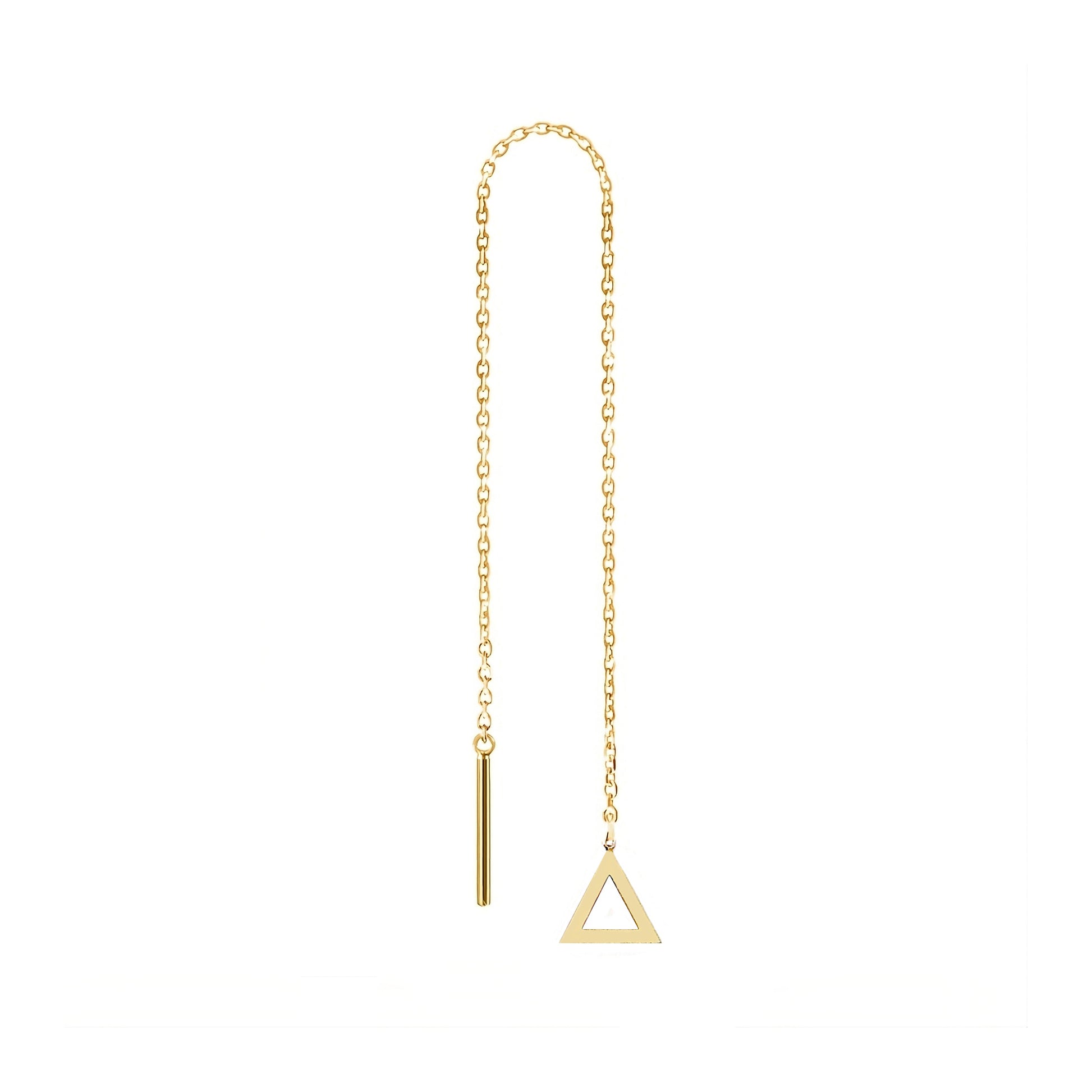 solid yellow gold single threader pull through earring with tiny triangle