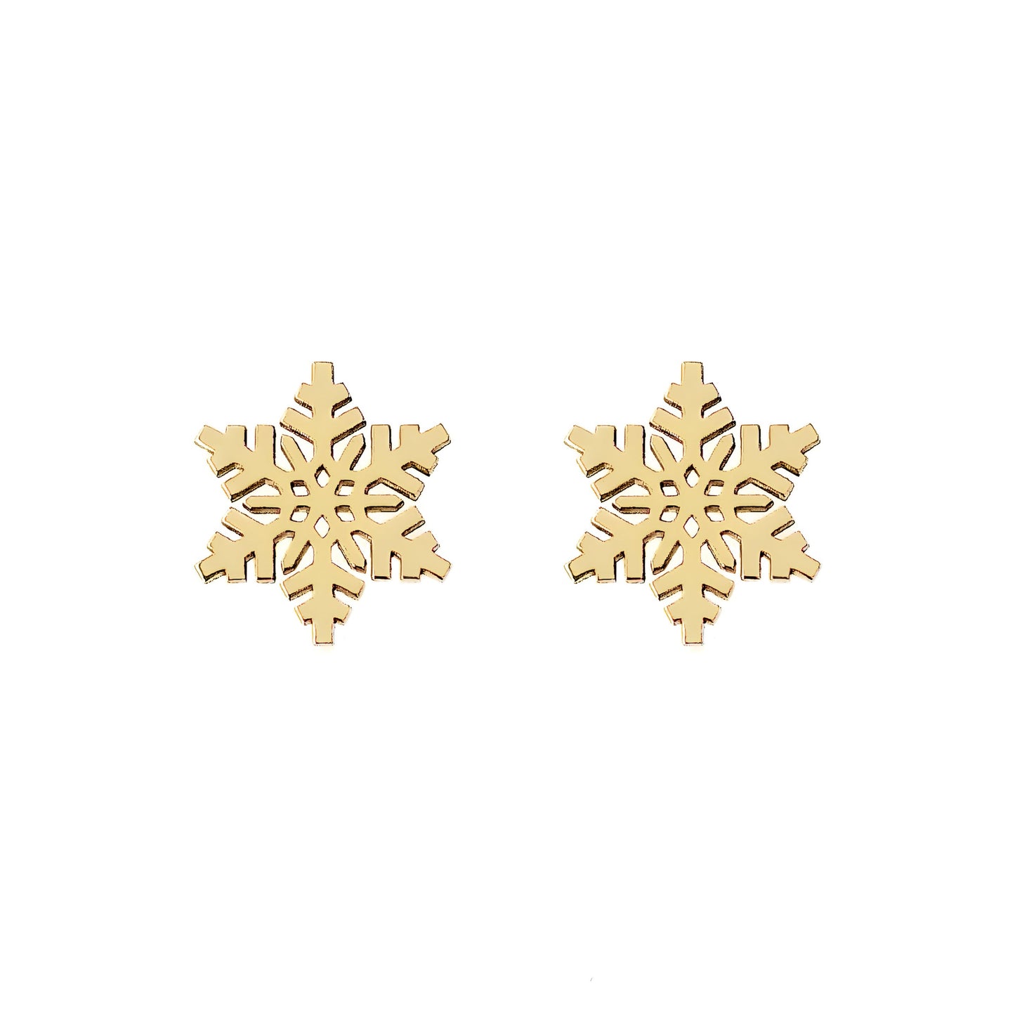 solid yellow gold stud earrings in the shape of snowflakes