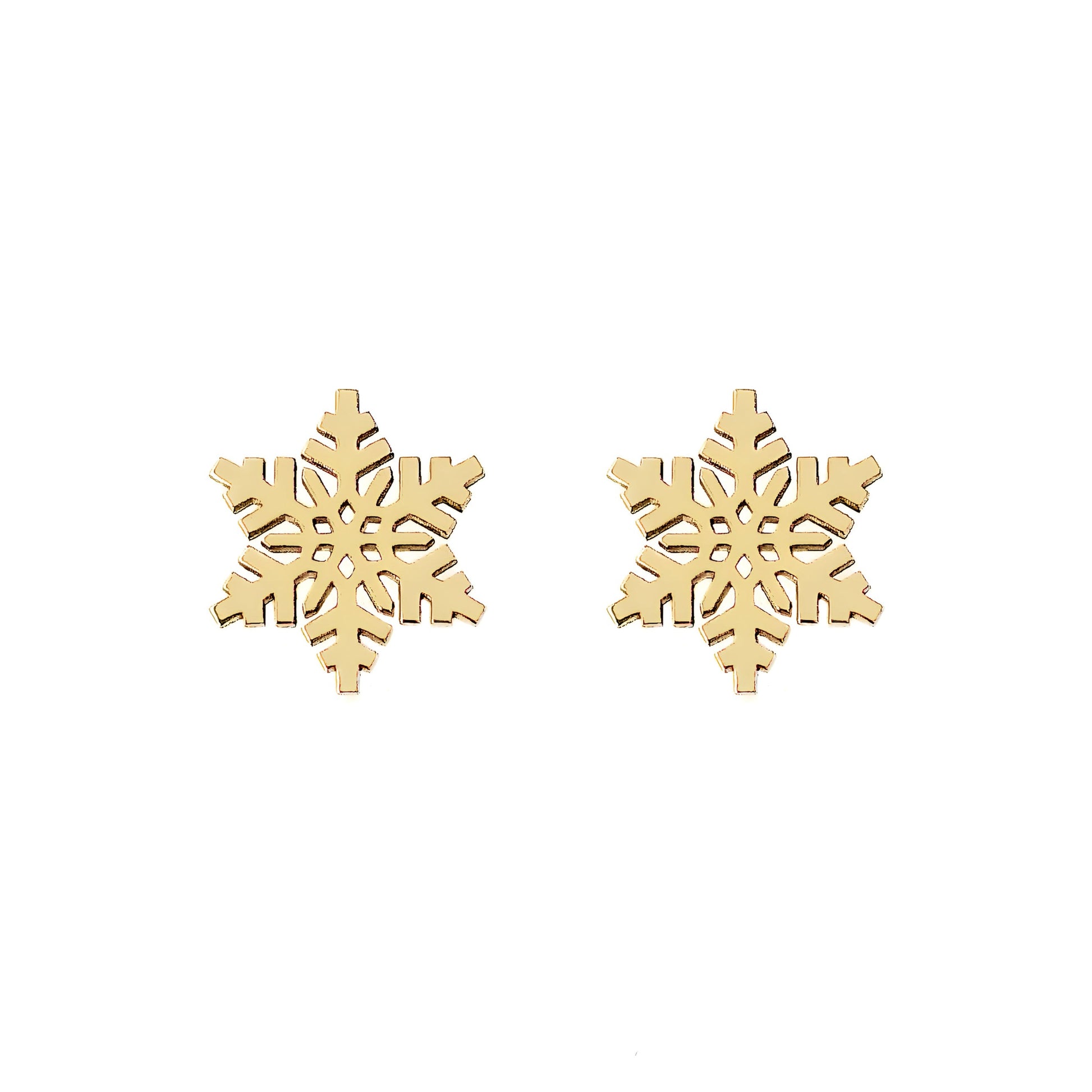 solid yellow gold stud earrings in the shape of snowflakes