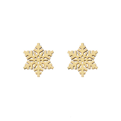 solid yellow gold stud earrings in the shape of snowflakes