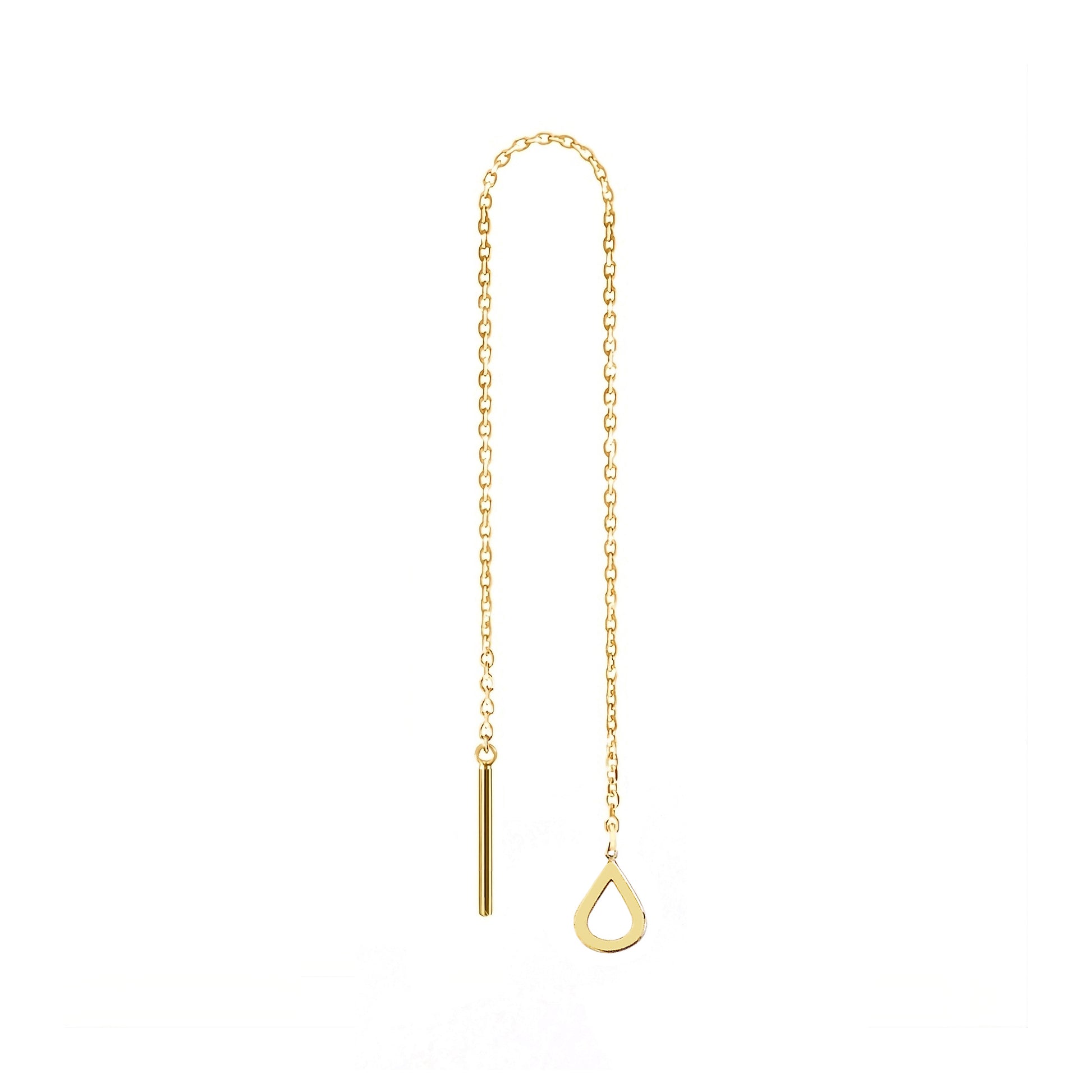 solid yellow gold single threader pull through earring with a tiny teardrop