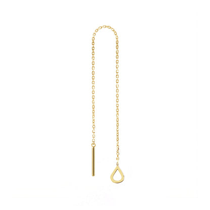 solid yellow gold single threader pull through earring with a tiny teardrop
