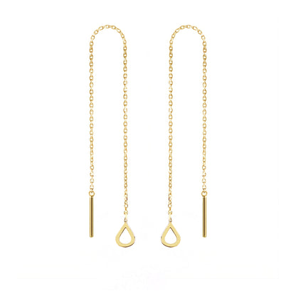 pair of solid yellow gold threader pull through earrings with tiny teardrops