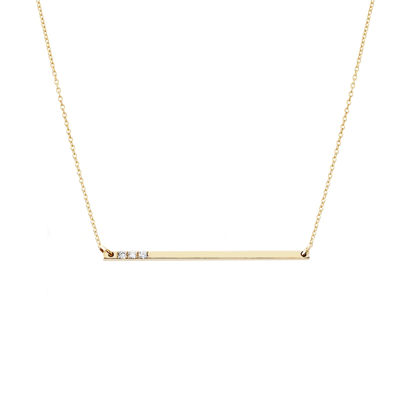 solid yellow gold thin bar necklace set with three tiny white diamonds