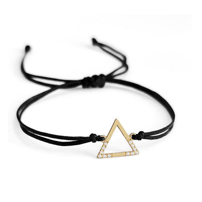 solid yellow gold macrame bracelet with a small triangle charm set with 12 white diamonds on its two corners