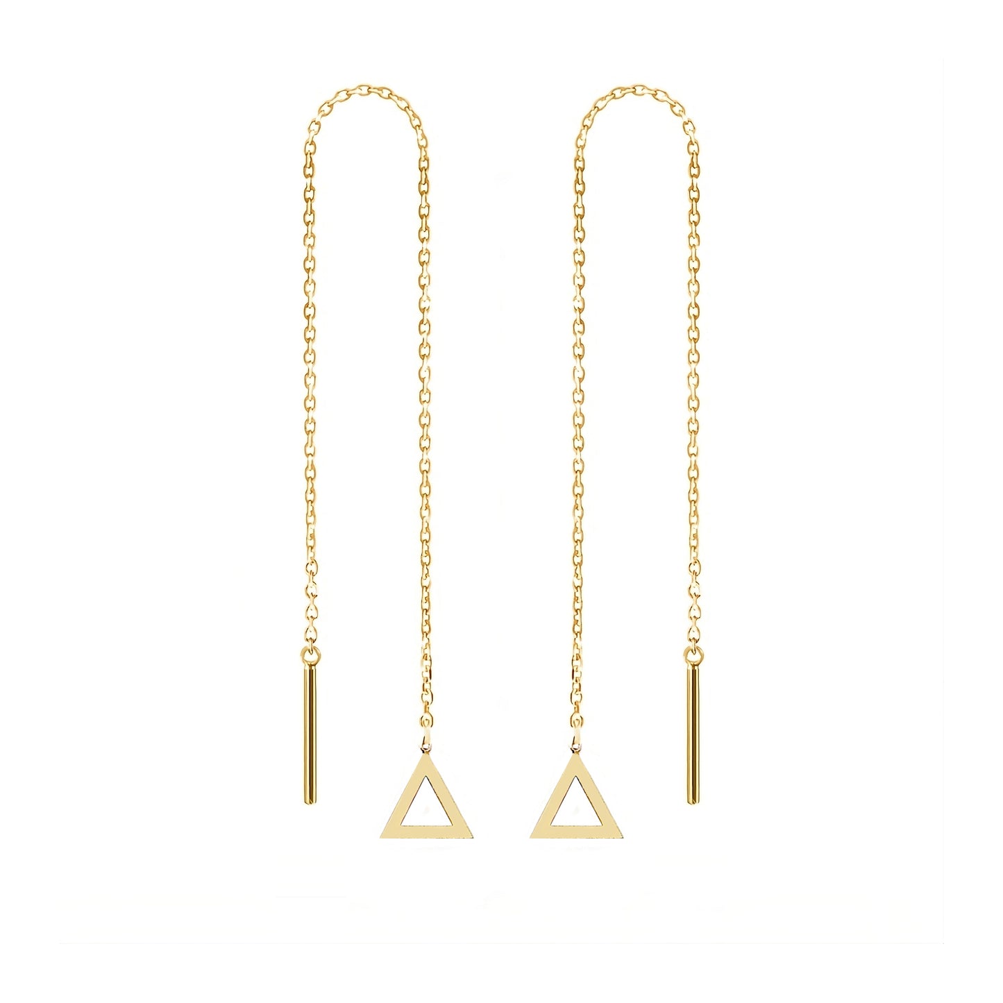 pair of solid yellow gold threader pull through earrings with tiny triangles