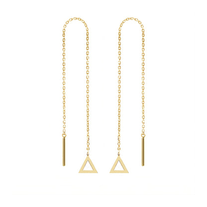 pair of solid yellow gold threader pull through earrings with tiny triangles