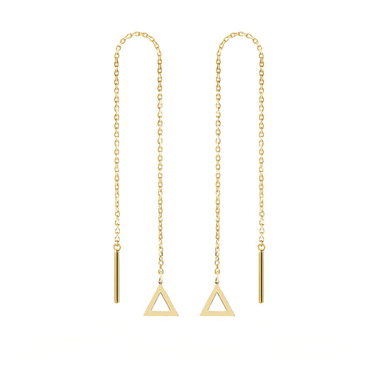 pair of solid yellow gold threader pull through earrings with tiny triangles