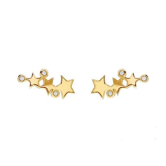 pair of solid yellow gold triple star climber earrings with three tiny diamonds