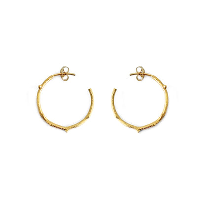 pair of solid yellow gold hoop earrings with a twig branch like design
