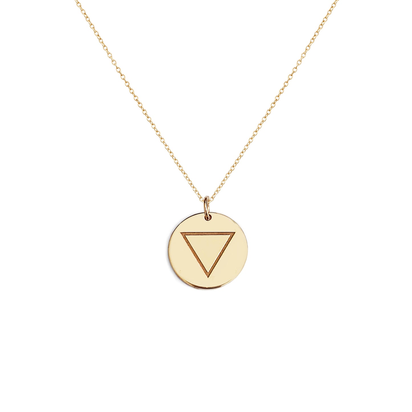 solid yellow gold necklace with a 14mm disc pendant engraved with the water element
