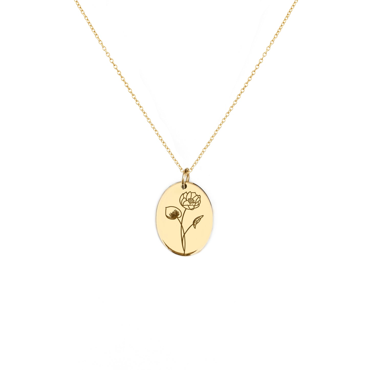 solid yellow gold oval pendant necklace engraved with a Water Lily the birth flower of July 