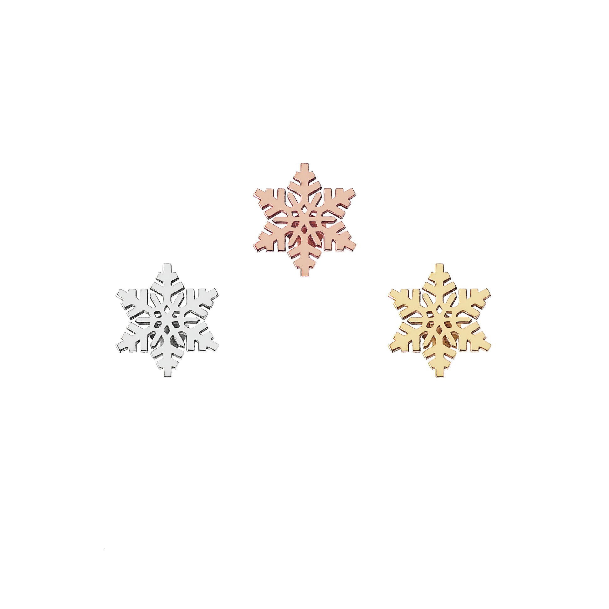 solid yellow white and rose gold stud earrings in the shape of snowflakes