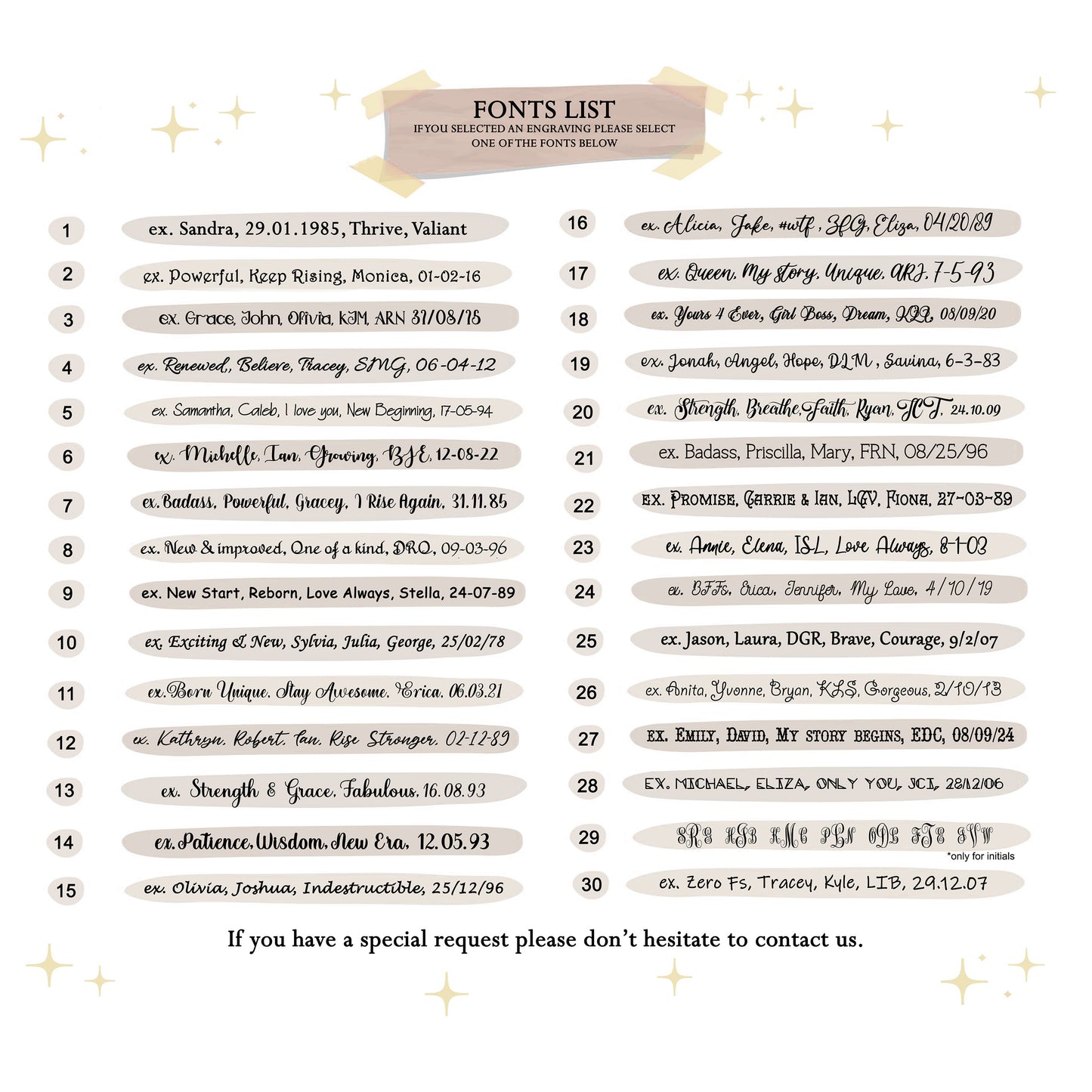 list of 30 fonts available for personalizing the back of a pendant