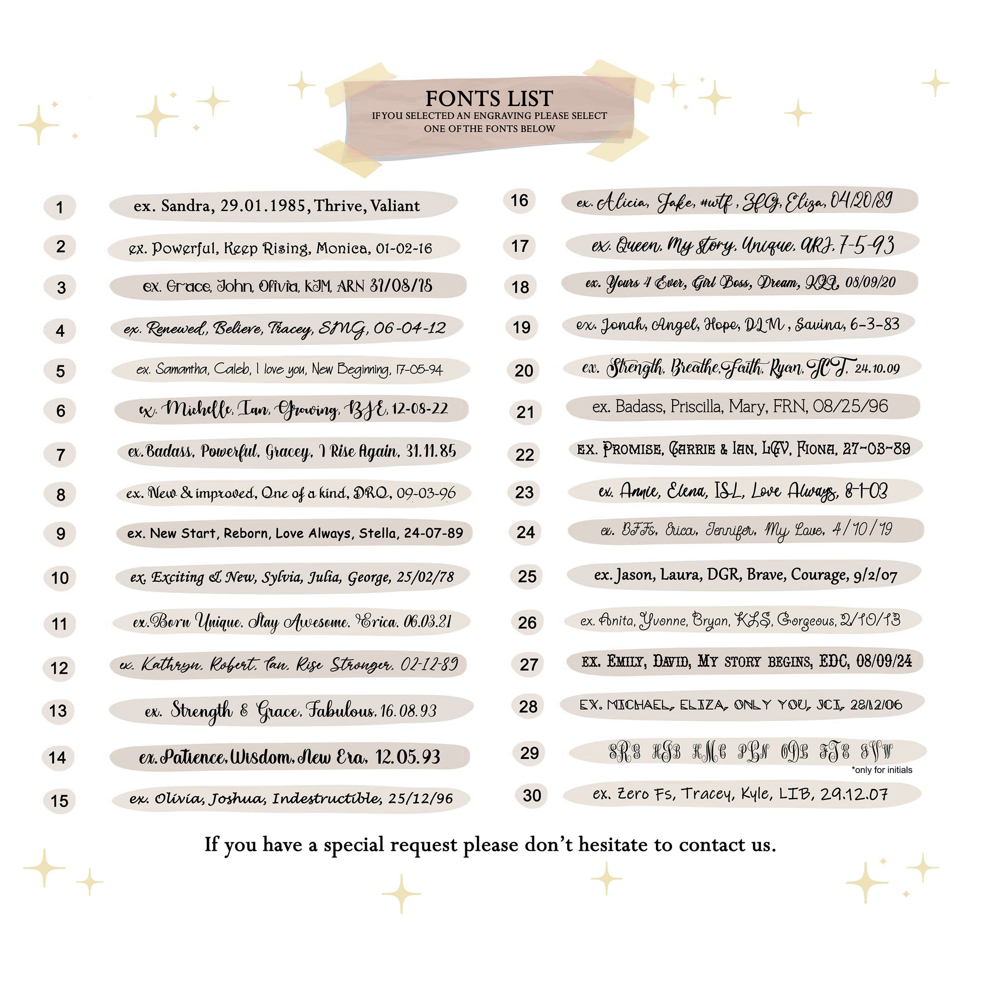 list of 30 fonts available for personalizing the back of a pendant