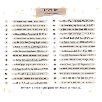 list of 30 fonts available for personalizing the back of a pendant