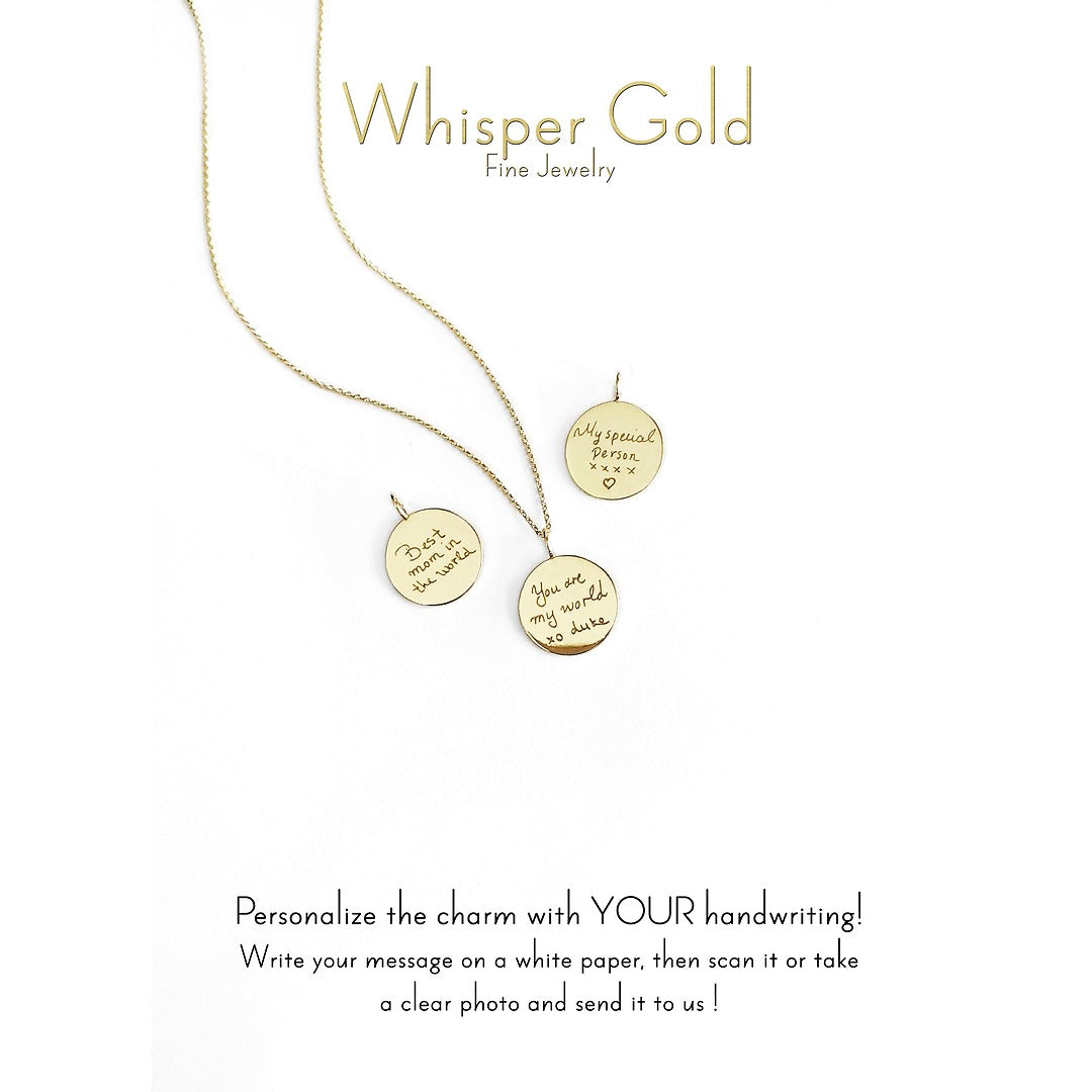 Three gold pendants with custom handwritten engraving on a white background, featuring 'Whisper Gold' branding 