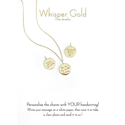 Three gold pendants with custom handwritten engraving on a white background, featuring 'Whisper Gold' branding 
