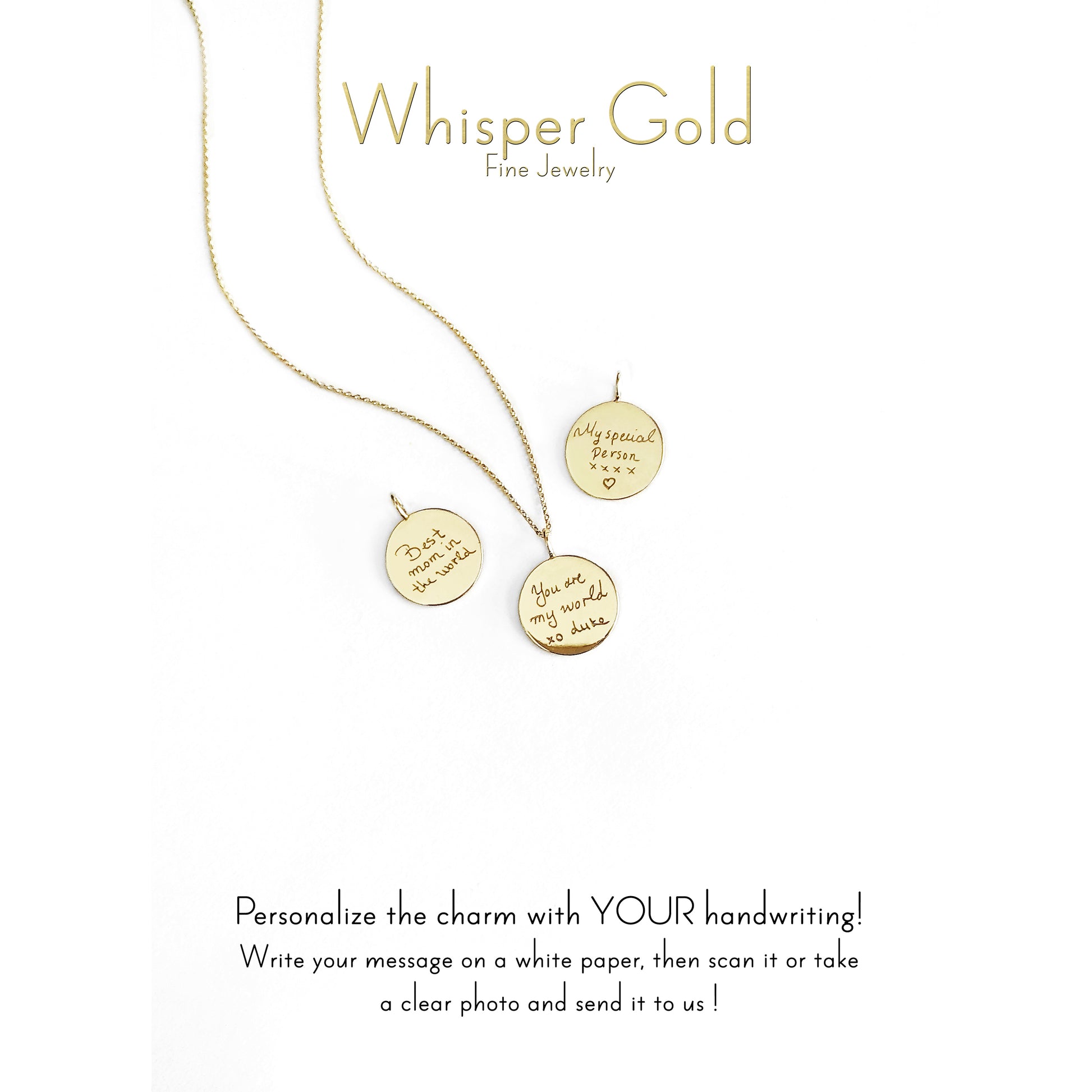 Three gold pendants with custom handwritten engraving on a white background, featuring 'Whisper Gold' branding 