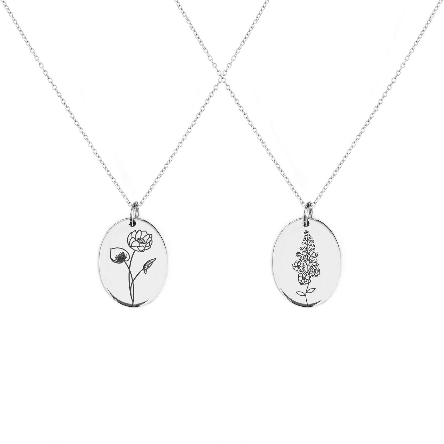two solid white gold oval pendant necklaces engraved with the birth flowers of July Water Lily and Larkspur