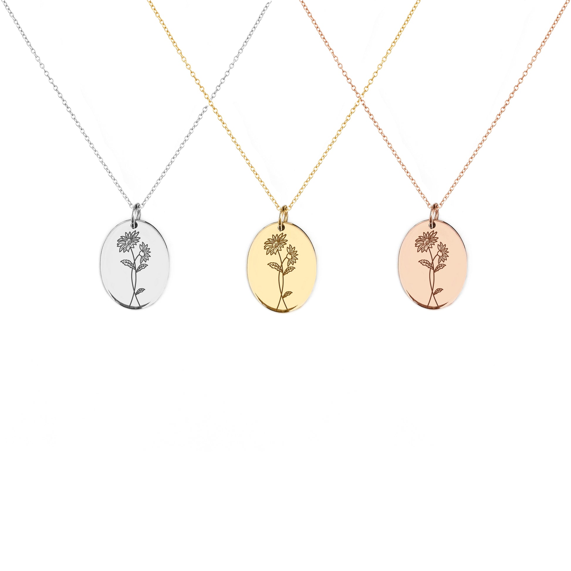 solid rose white and yellow gold oval pendant necklace engraved with Aster birth flower of September 