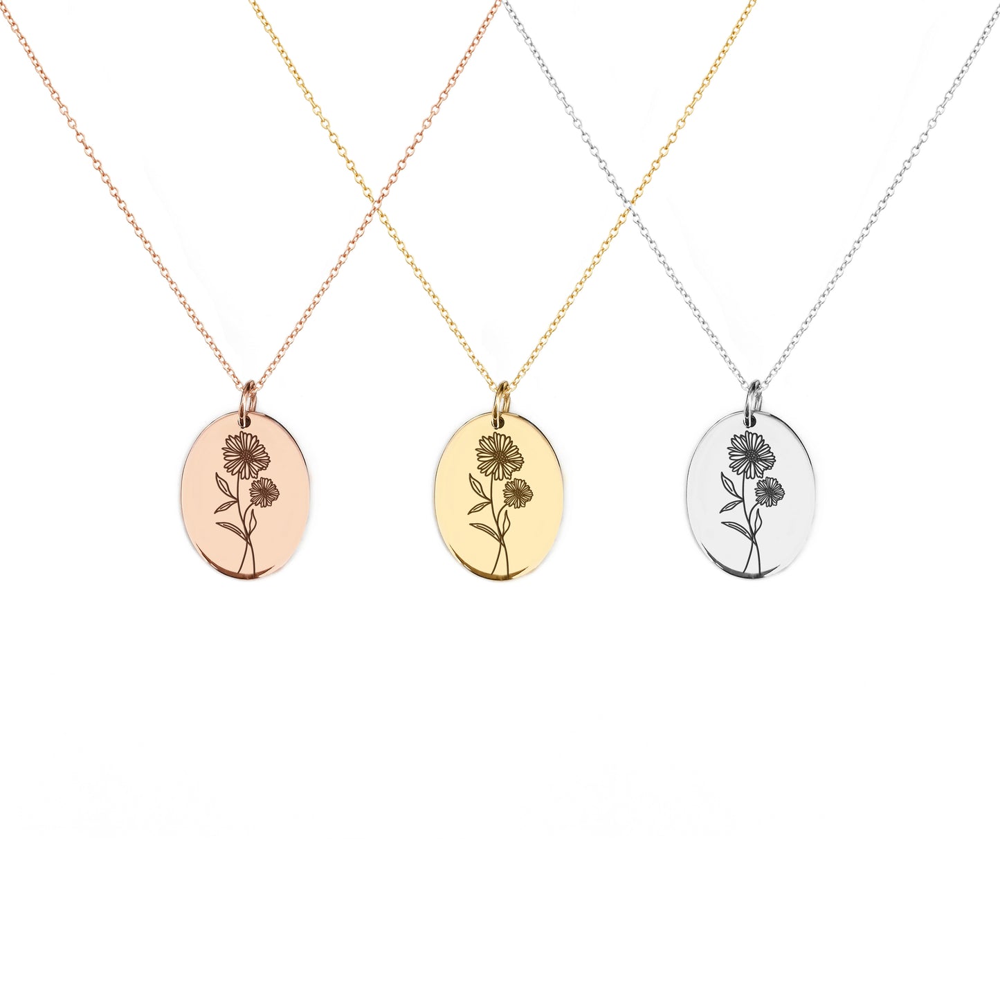 solid yellow rose and white gold oval pendant necklace engraved with the birth flower of April Daisy
