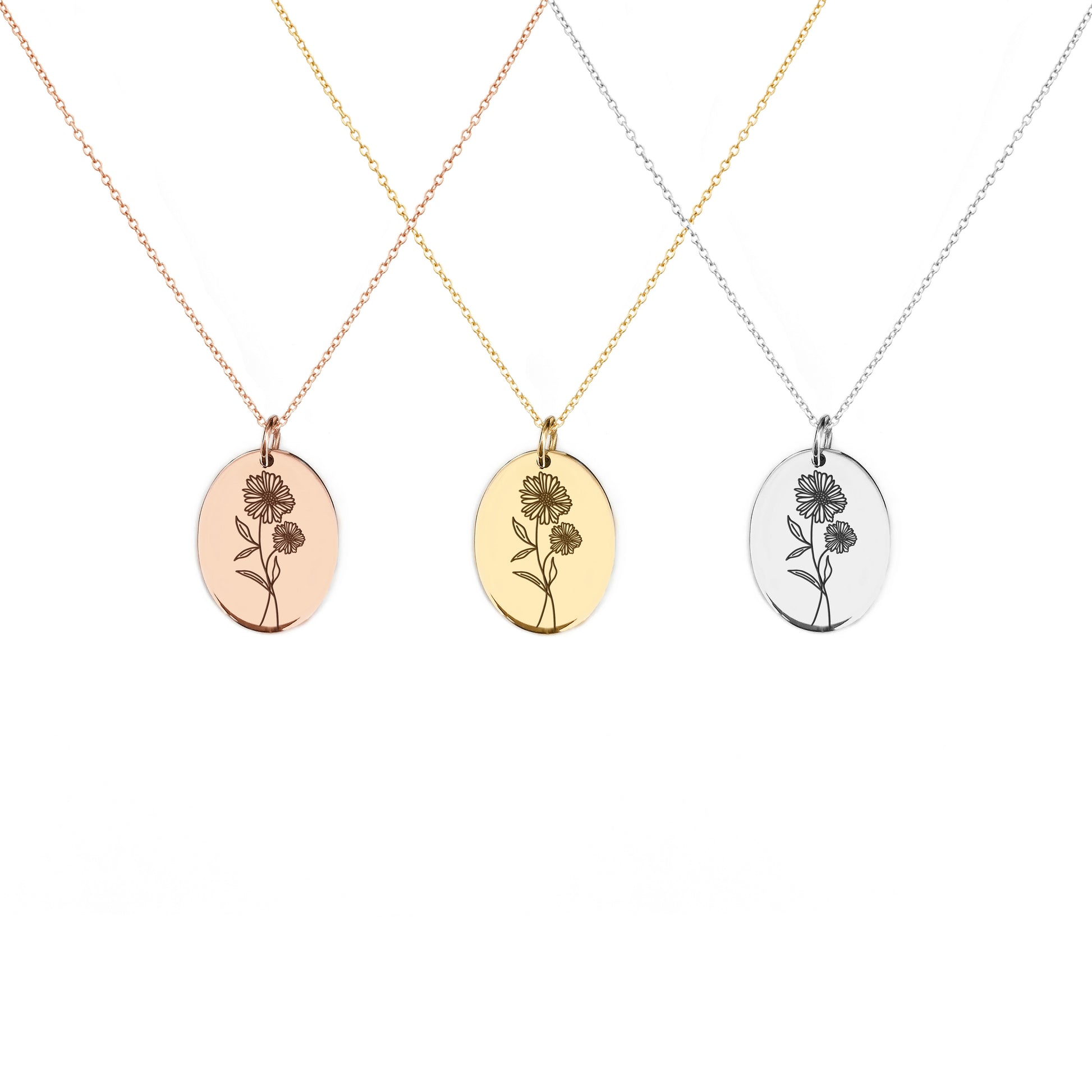solid yellow rose and white gold oval pendant necklace engraved with the birth flower of April Daisy