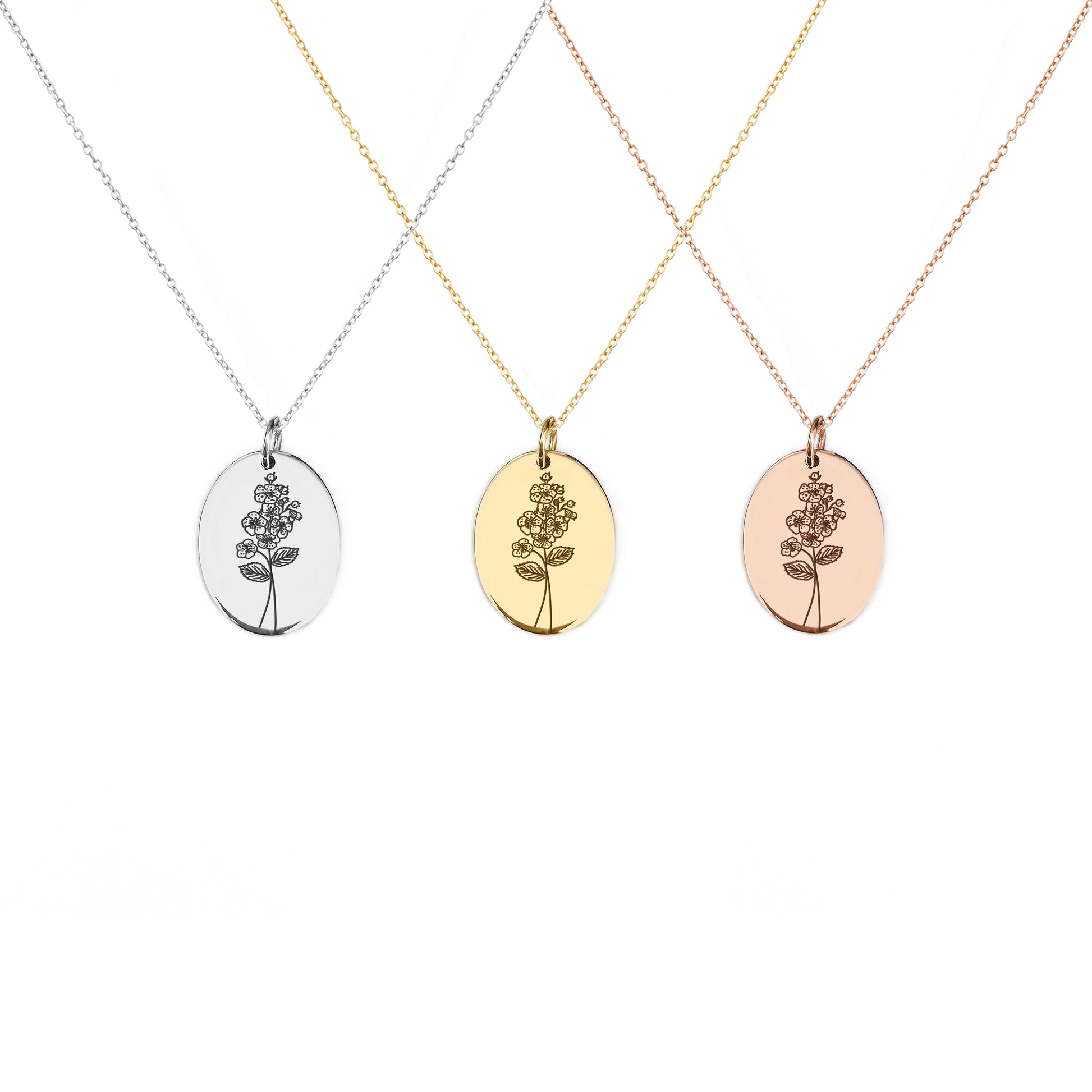 solid rose white and yellow gold oval pendant necklace engraved with the birth flower of May Hawthorn