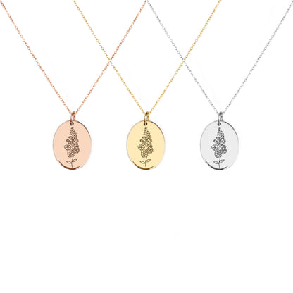 solid rose white and yellow gold oval pendant necklace engraved with a Larkspur the birth flower of July 