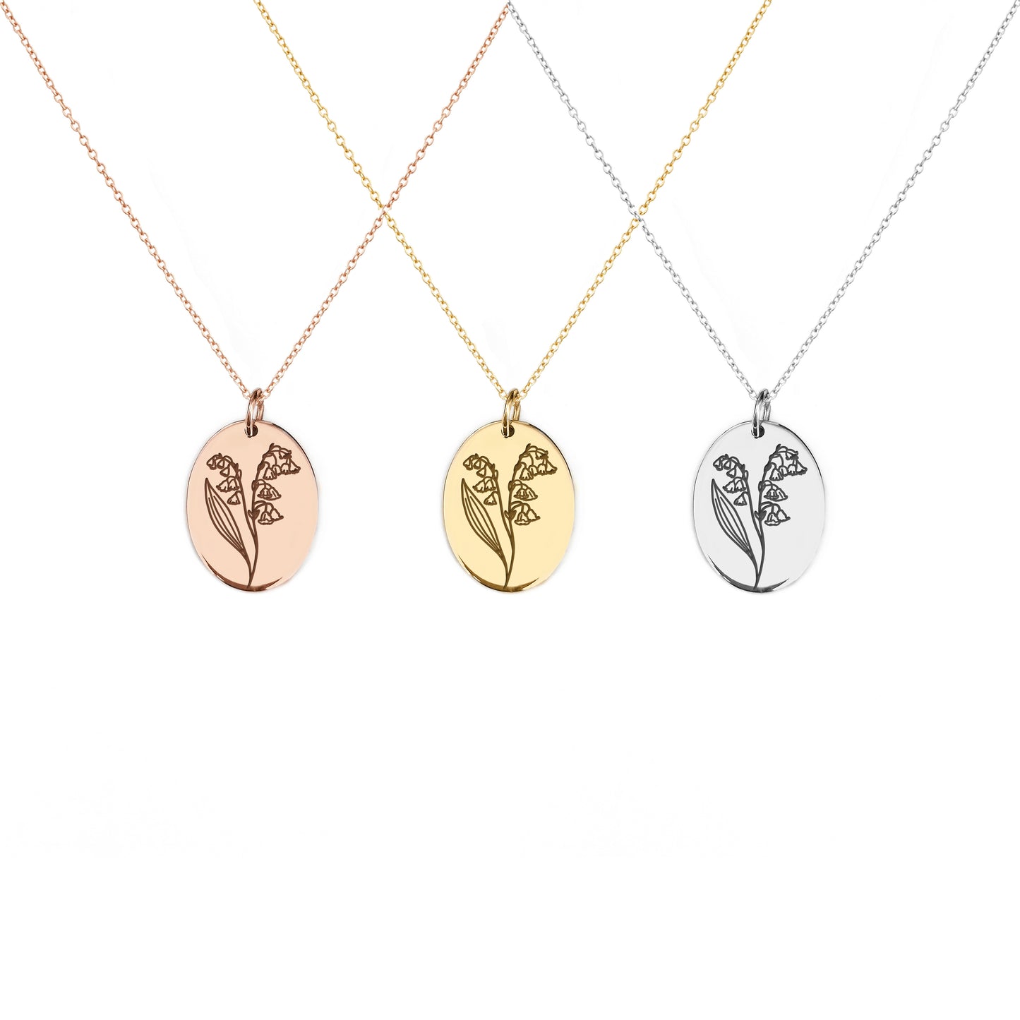 solid rose white and yellow gold oval pendant necklace engraved with the birth flower of May Lily of the Valley
