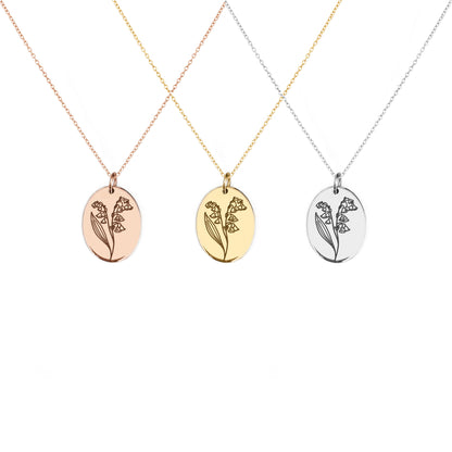 solid rose white and yellow gold oval pendant necklace engraved with the birth flower of May Lily of the Valley