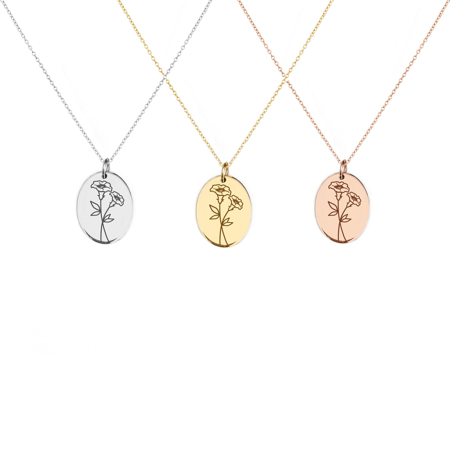 solid rose white and yellow gold oval pendant necklace engraved with the birth flower of September Morning Glory