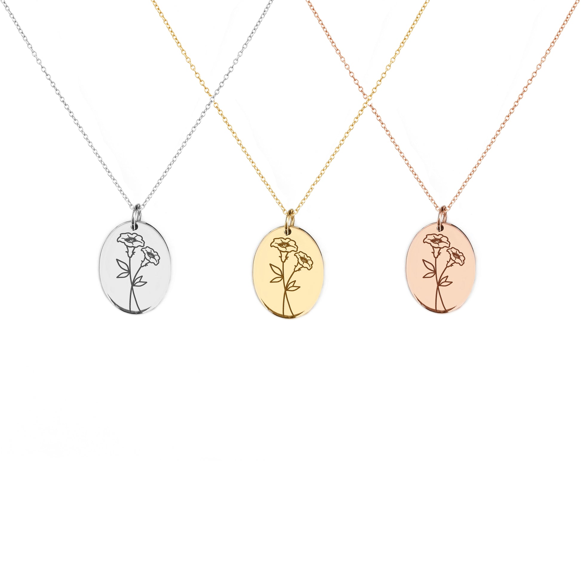 solid rose white and yellow gold oval pendant necklace engraved with the birth flower of September Morning Glory