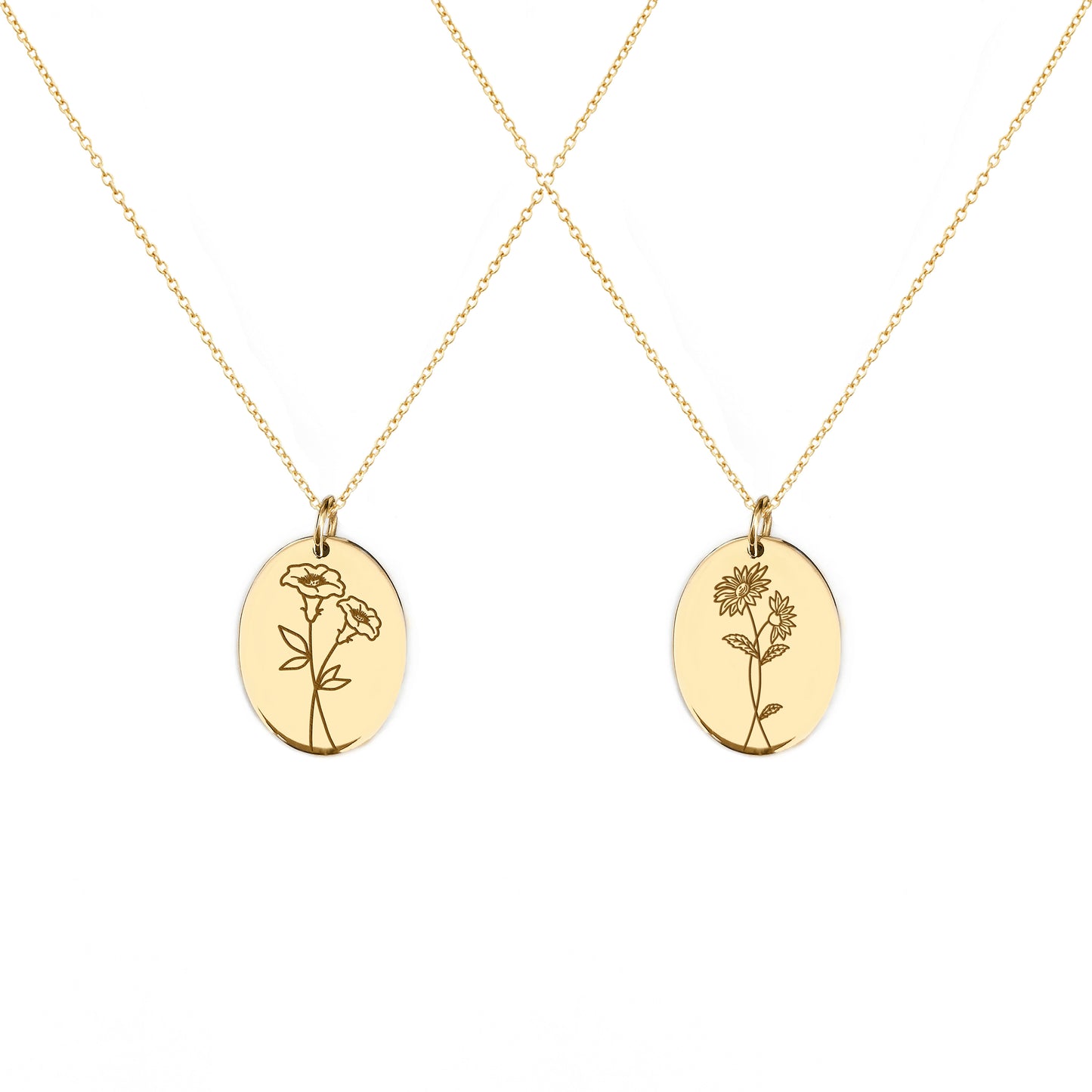 two solid yellow gold oval pendant necklaces engraved with the birth flowers of September Aster and Morning Glory