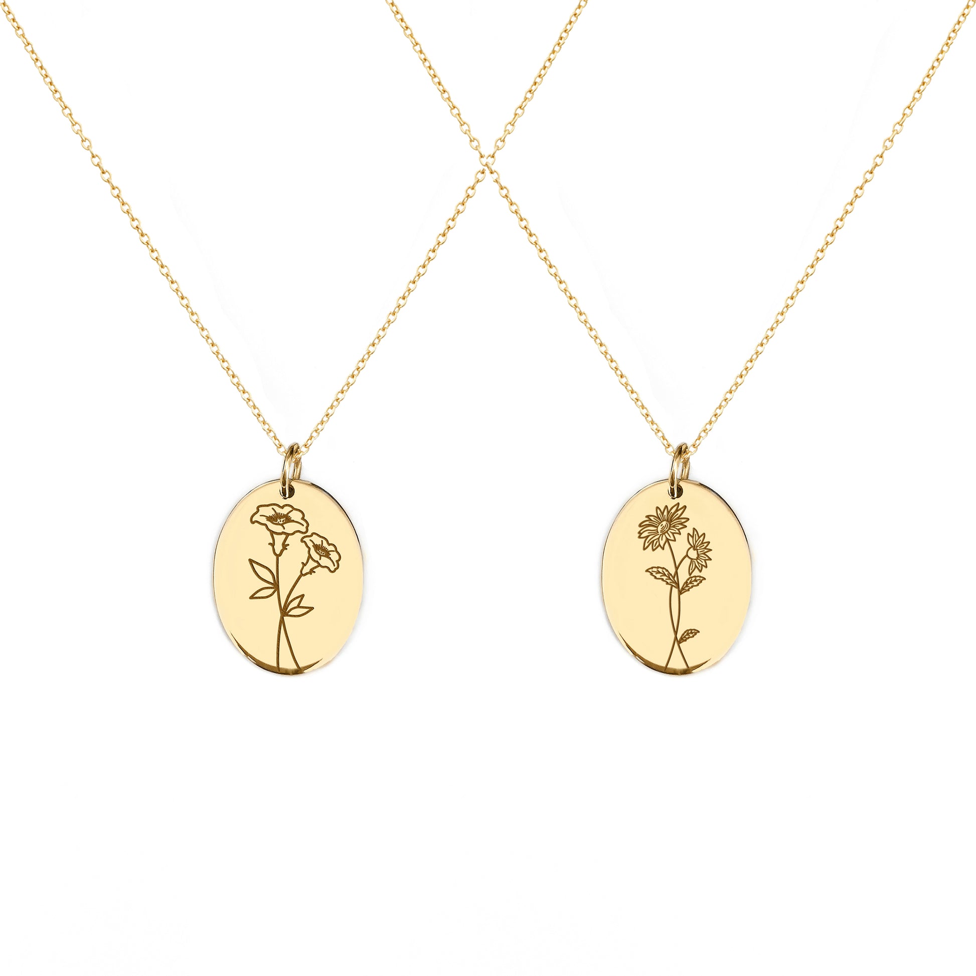 two solid yellow gold oval pendant necklaces engraved with the birth flowers of September Aster and Morning Glory