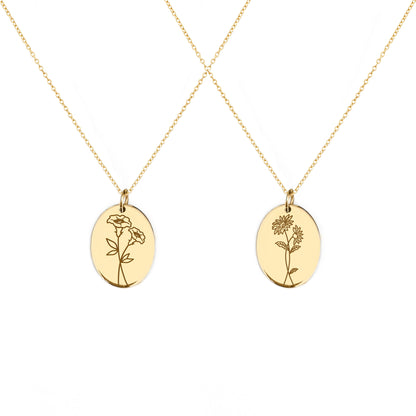 two solid yellow gold oval pendant necklaces engraved with the birth flowers of September Aster and Morning Glory