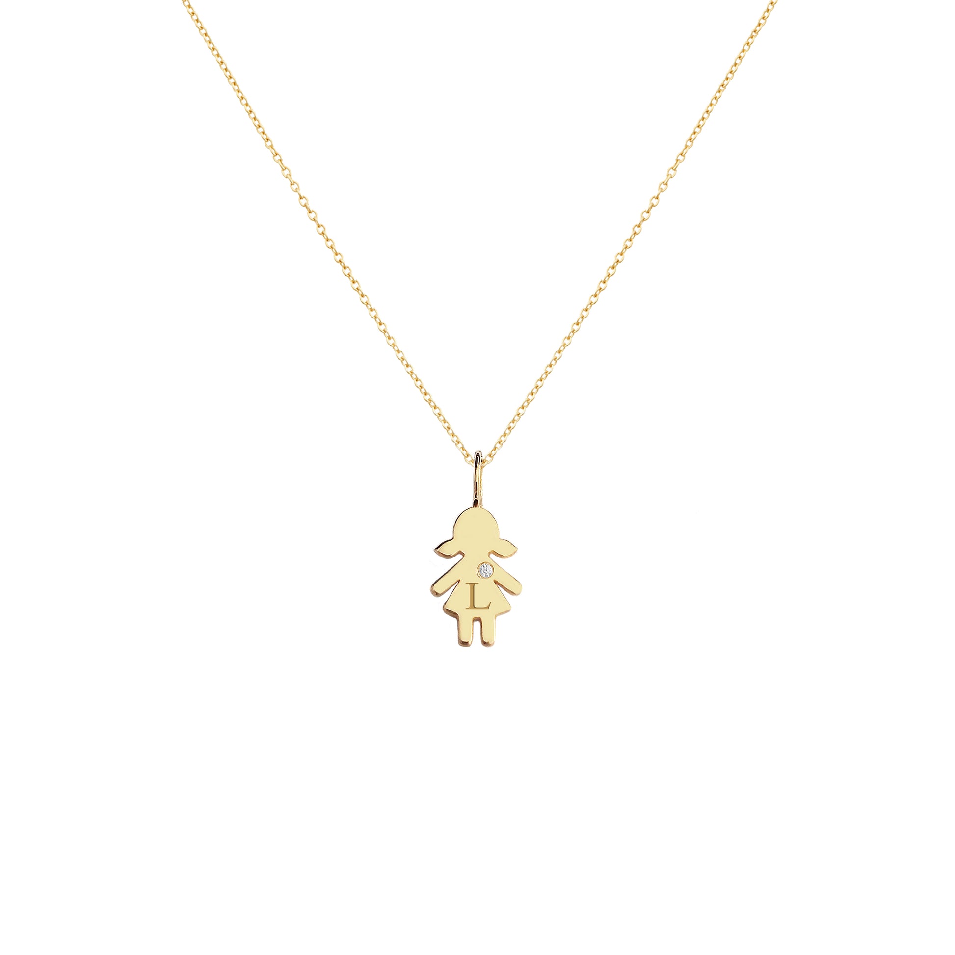 solid yellow gold necklace with tiny girl outline charm engraved with a monogram and set with tiny diamond