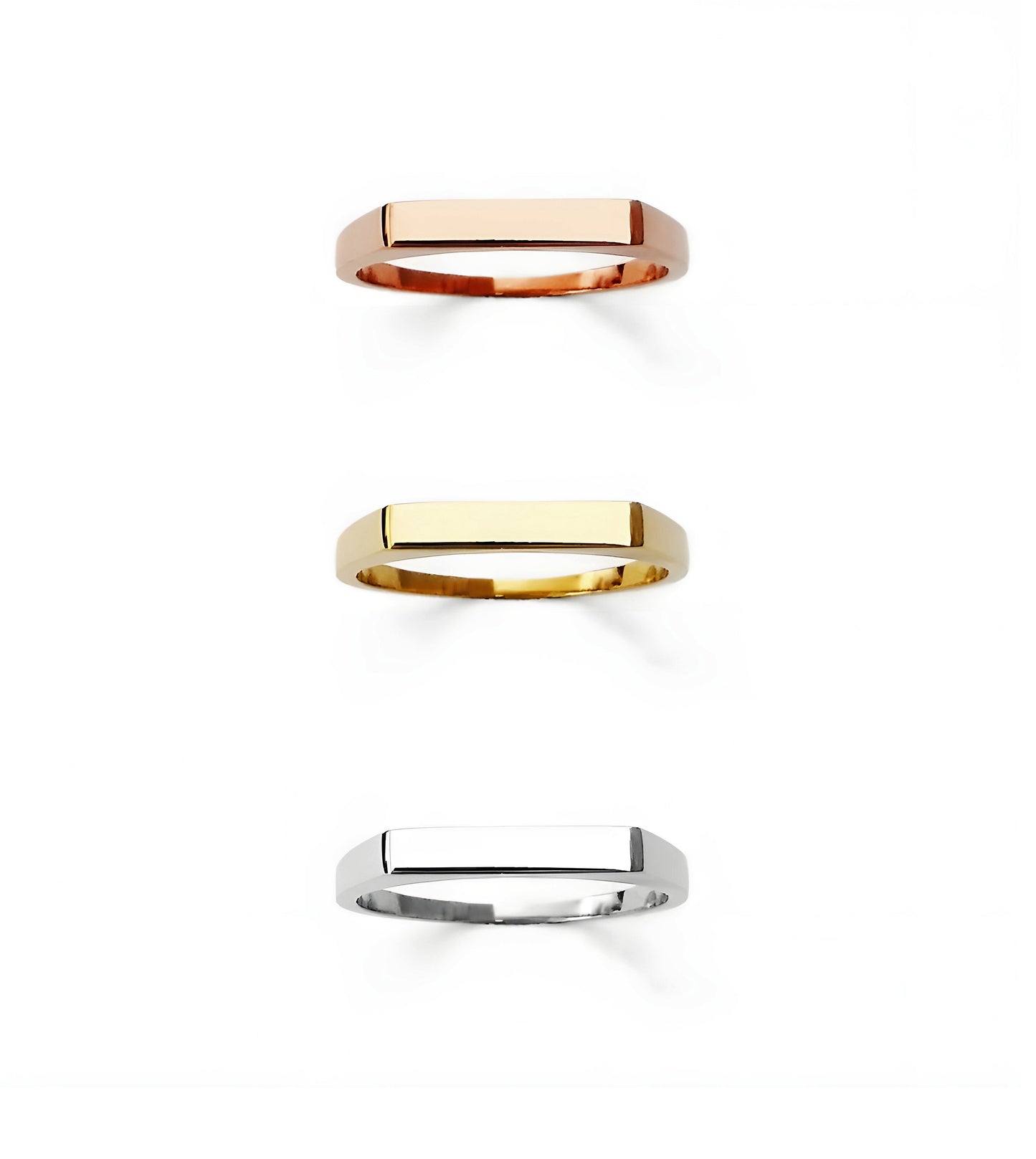 top view of yellow rose and white gold thin bar signet rings